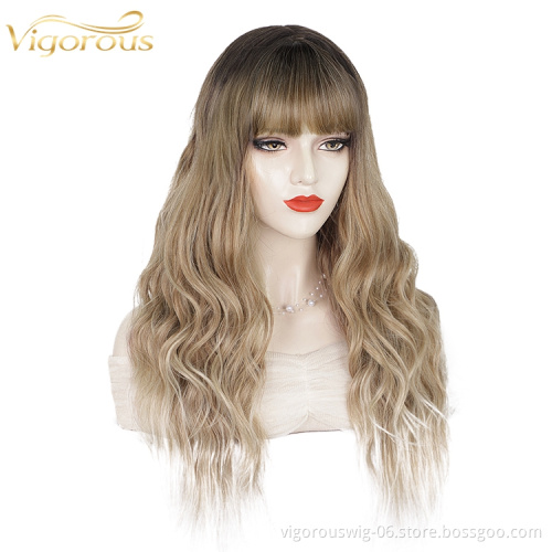 Three Tone Color Ombre Synthetic Wig Non Lace Middle Part Natural Wavy Long Hair bang Cheap Supplier Women Wig Heat Resistant